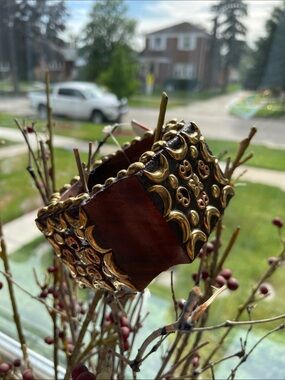 Chunky Handcrafted Brown and Gold Decorative Wood Bracelet